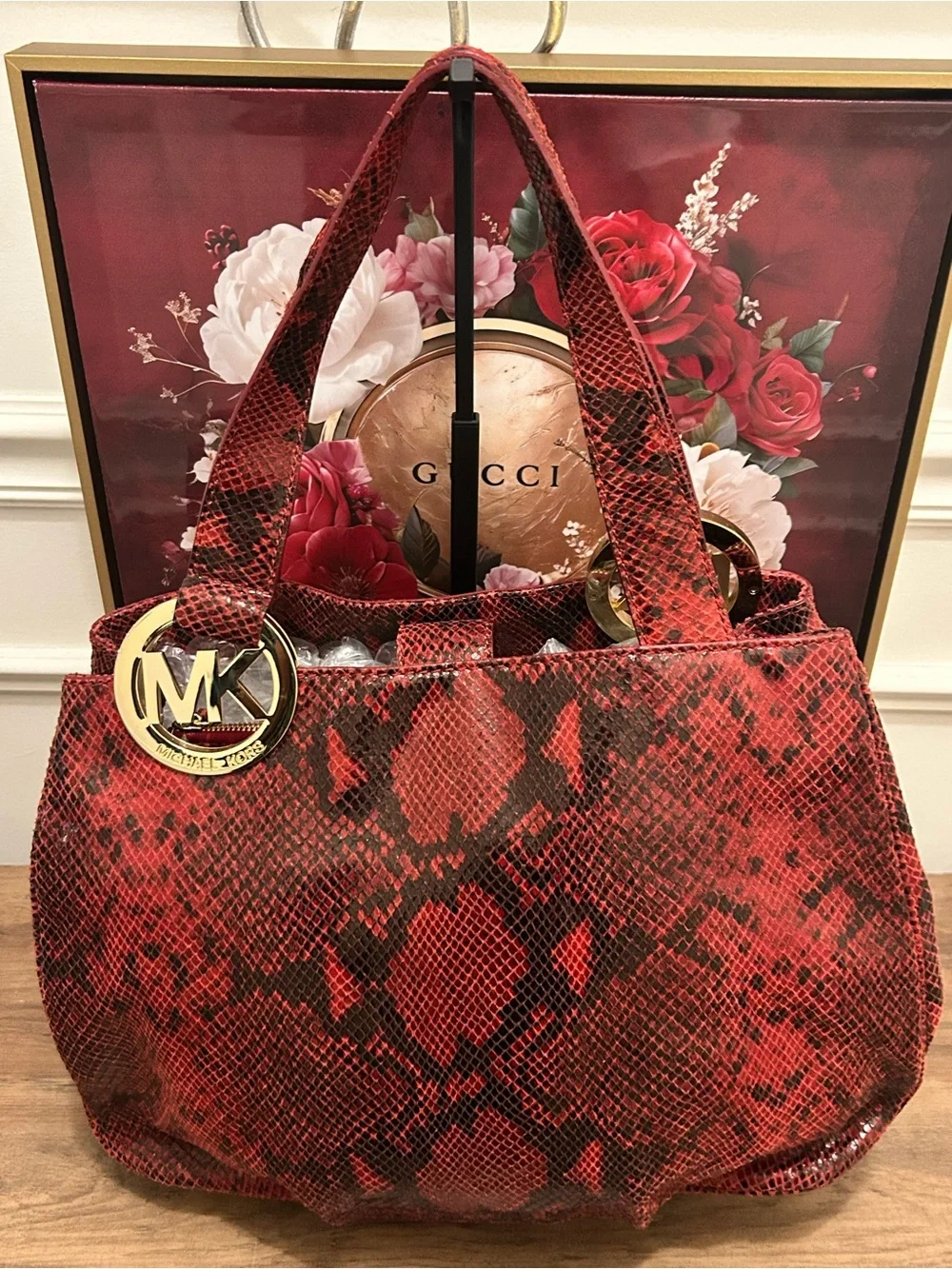 Michael Kors Red and Black Embossed Snake-Print Shoulder Tote with MK Dust Bag - Picture 11 of 15